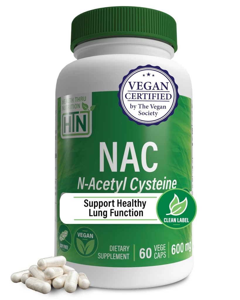 健康营养 NAC N-Acetyl-Cysteine 600mg 60 Capsules | Vegan 认证 | The Purest NAC 补充 |支持健康肺,活体功能和细胞健康 | N-GMO Soy & Gluten Free
