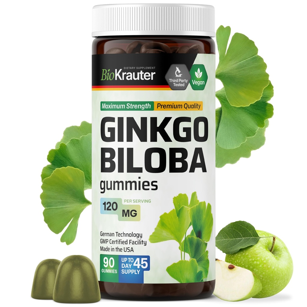 BIO KRAUTER Ginkgo Biloba Gummys - 90 Vegan Chews - Ginkgo Biloba 大脑支持补充剂 - 120 mg 标准化摘录 - 佩丁基公式