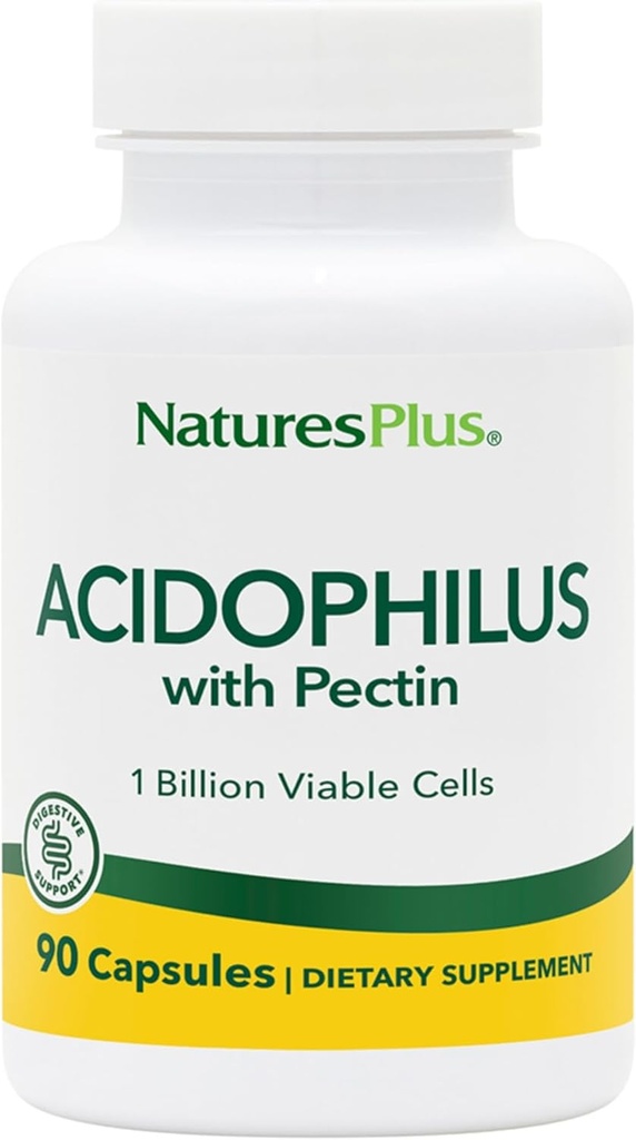 Natures Plus Acidophilus with Pectin - 90 Capsules - Probiotic 补充 1亿个可活细胞 & Pectin - Vegan, Gluten Free - 90个服务
