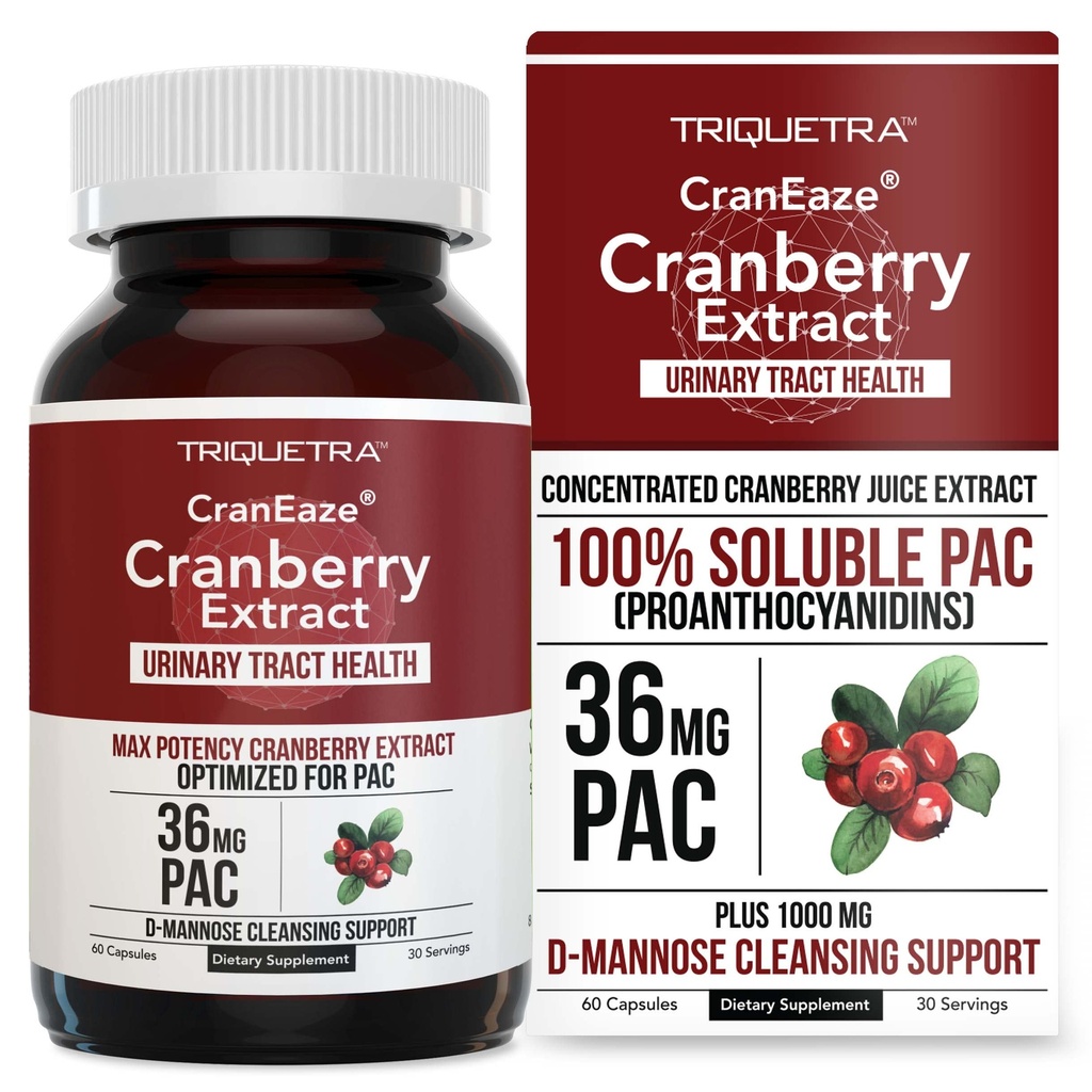 CranEaze : Cranberry Juice Expless Plus D-Mannose – 36 mg PAC, 100%可溶PAC - 支持尿道切除健康 - 女性最有效的Cranberry药丸,UTI Cranberry 补充 - 60 Capsules