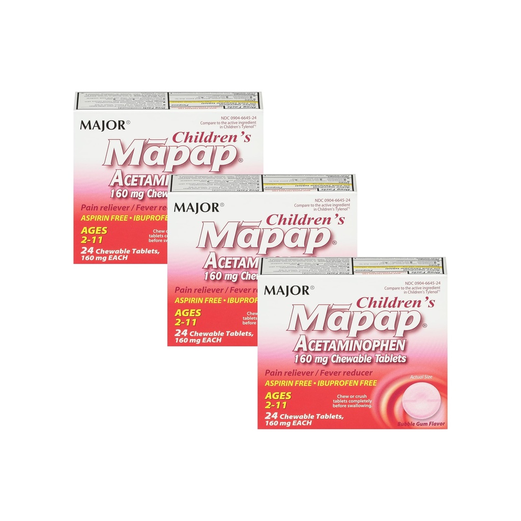 主要JOR 儿童地图 Acetaminophen 160 mg 可切片 - 疼痛解脱剂/减少发热剂 - Aspirin Free - Ibuprofen Free - 年龄2至11-24岁(3包)