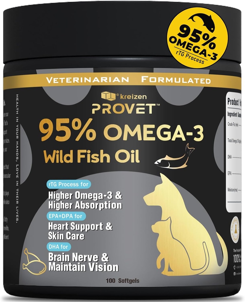 95% Omega 3 鱼油用于狗和猫,与RTG加工的沙门油, 最大EPA & DHA, 支持心,皮肤, Coat, 联合, Heart & Immune 健康, 100 软宝石