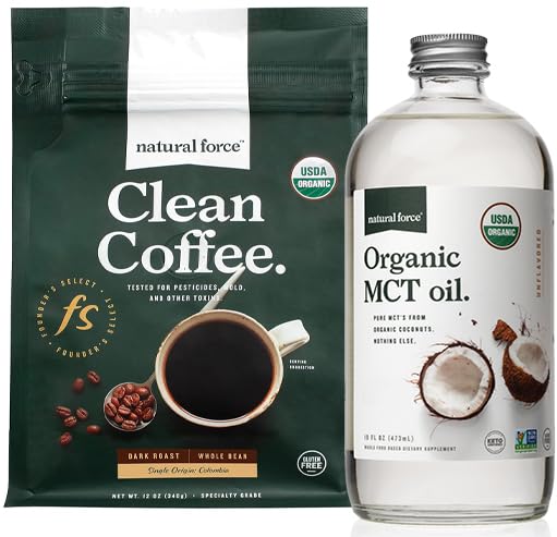 天然力量 有机黑烤干咖啡 + 有机MCT油桶 – 100%纯椰子 MCTs & Mold & Mycotoxin Free Coffee – 非GMO, Keto, Paleo, and Vegan – 12 Oz和16 Oz