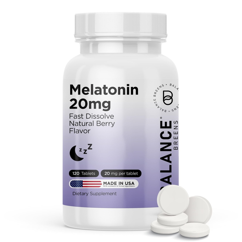 平衡breens Melatonin 20mg快速溶解药片 - 高Potency,快速演绎,自然睡眠支持 - 成人睡眠援助 - 非格鲁吉,无药方 - 120 睡眠药片