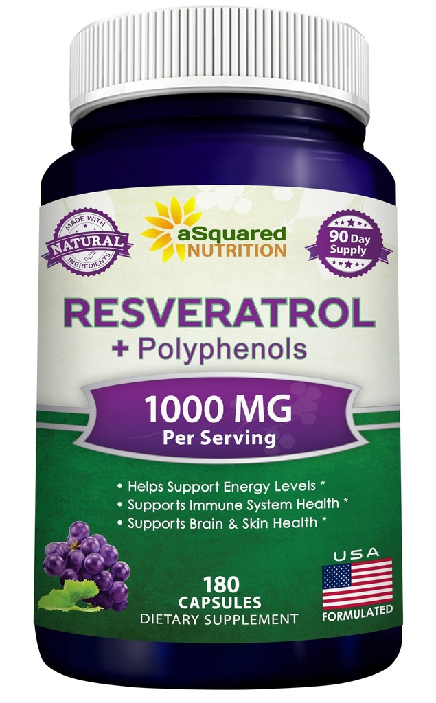 a 配有红葡萄酒提取剂的方营养天然活性醇 - 180 Capsules - Trans Resveratrol 抗氧化剂补充剂 纯心脏健康 - 超强跨活性醇