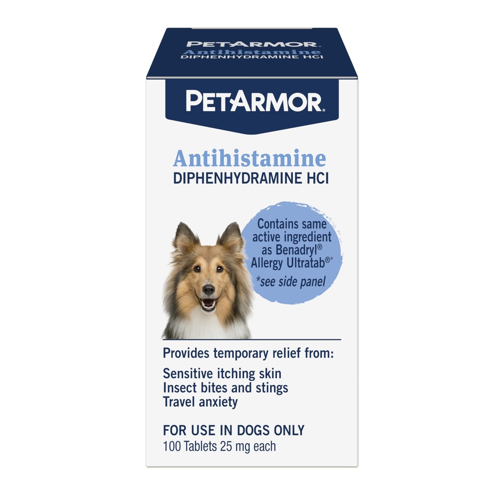 PetArmor Antihistamine 对狗的过敏性缓解、对狗的易用过敏性药物、抗痒药物提供对昆虫Bites的缓解,以及Stings, 100片药片