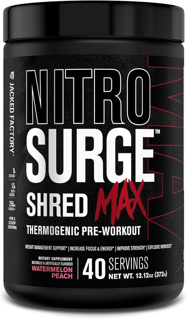 Jacked Factory Nitrosurge Shred Max Preworkout - 男女高性能热能预选工作粉 - L Citrulline,乙酰L Carnitine,有机咖啡因 - 40 services, 西瓜桃