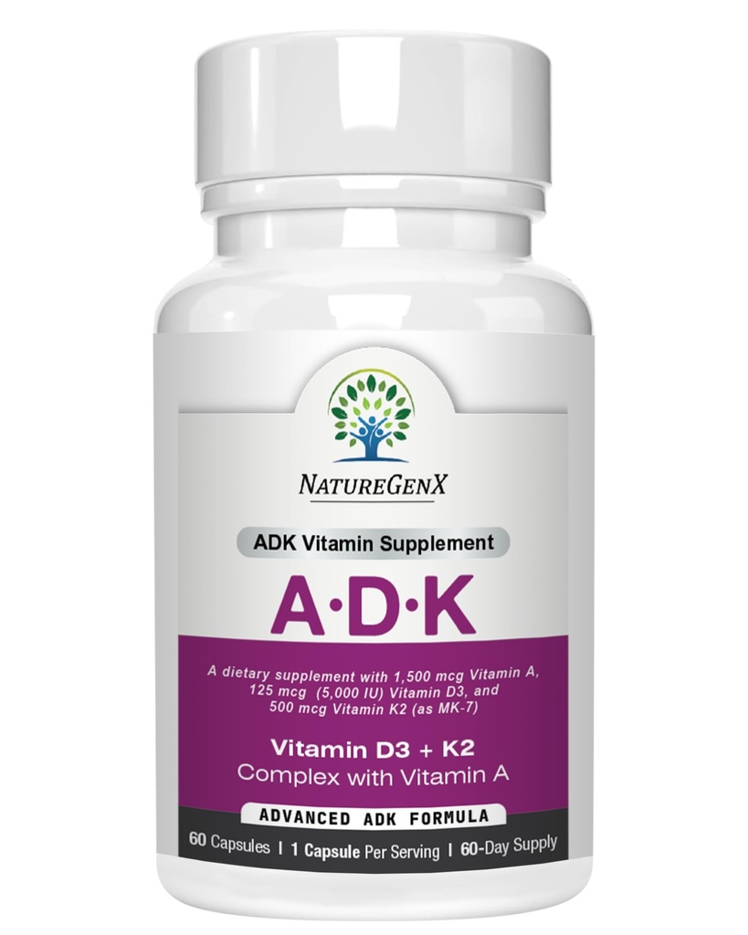 ADK 维生素补充剂 5000 IU - 高概率维生素A, D3和K2 用于骨质健康和钙吸收 → 无脂维生素 ADK 补充剂,60天供应,60卡普尔