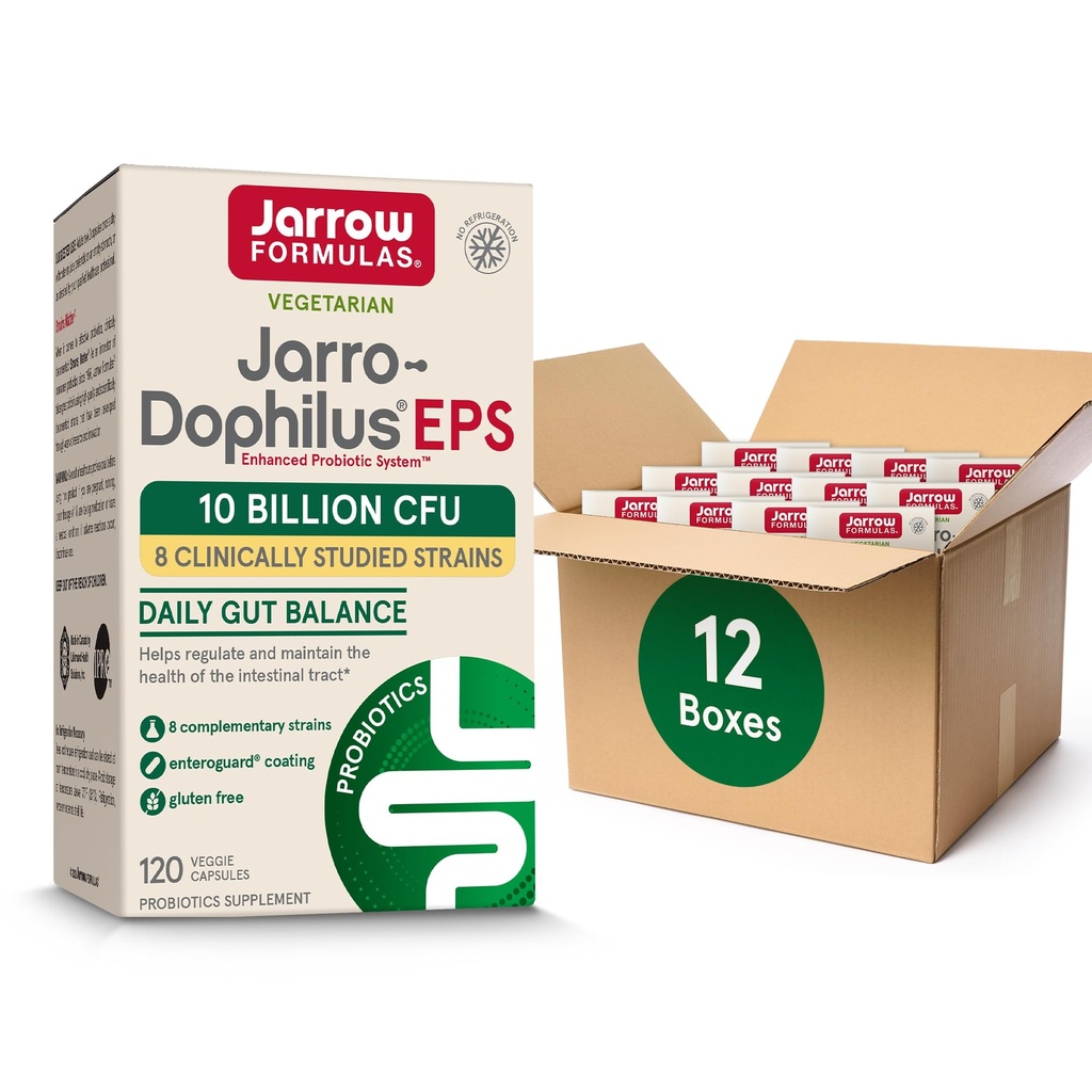 Jarrow Formules Jarro-Dophilus EPS Probiotics 10亿CFU 支持肠道切除术,男女口服保健的Probiotic 补充,120 Veggie Capsules,最多60天供应,12包