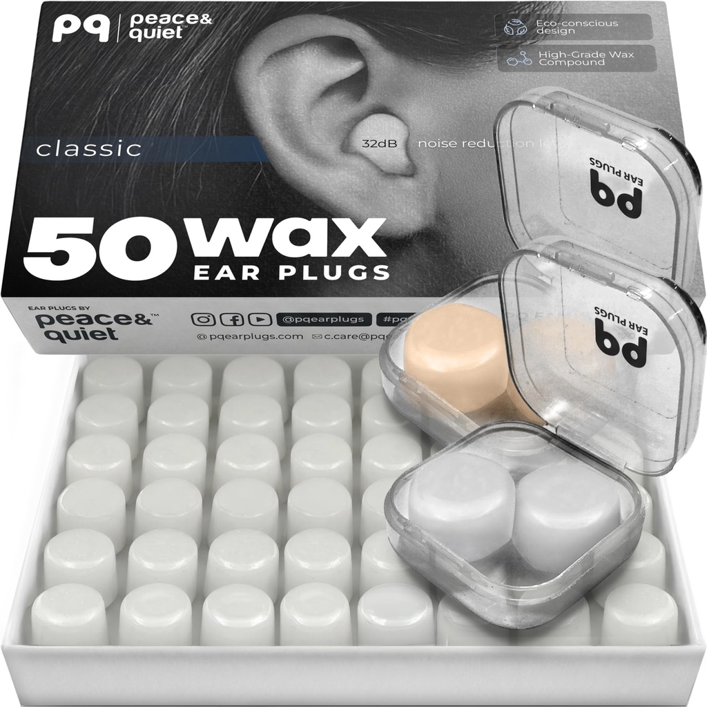 用于睡眠,游泳的PQ 蜡耳插管 - 50个噪声 取消Silicone Gel 蜡耳插管 用于睡眠和游泳的耳保护 软蜡耳插管 有声音阻塞等级的32Db,(50个枕头),颜色:白色