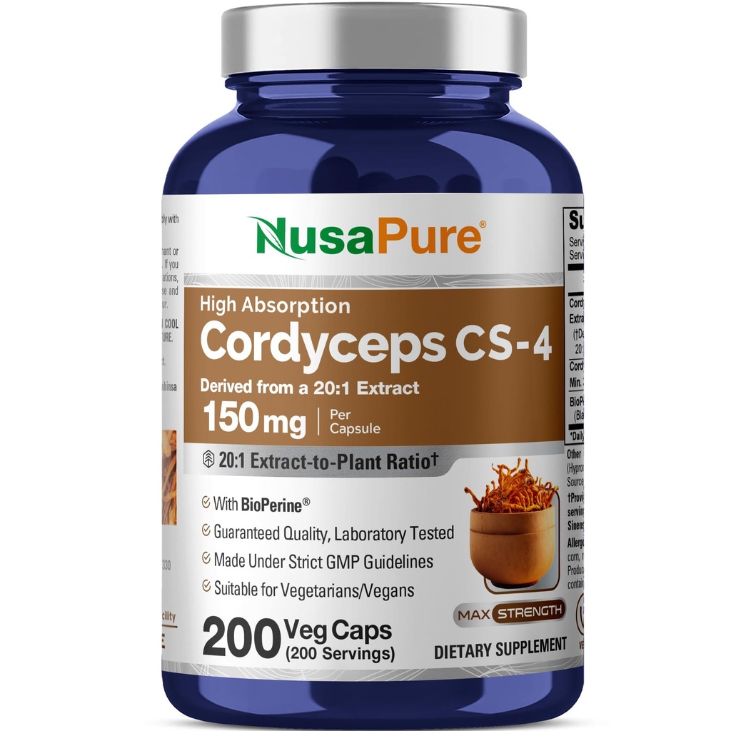 NusaPure Cordyceps 20:1 提取物,150 mg 等效于 3000 mg 200 Veggie Capsules (Sinensis CS-4, Non-GMO, Vegan) Bioperine