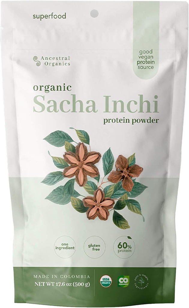 EANCESTRAL Organis Vegan蛋白粉,Sacha Inchi认证的有机超级食品 - 17g 植物基蛋白 - 营养素 - 富含葡萄糖 - 无乳制品,无糖 - 1.1b