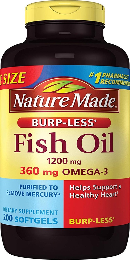 Burp-Less鱼油 1200毫克,200软胶,鱼油Omega 3 心脏健康补充剂