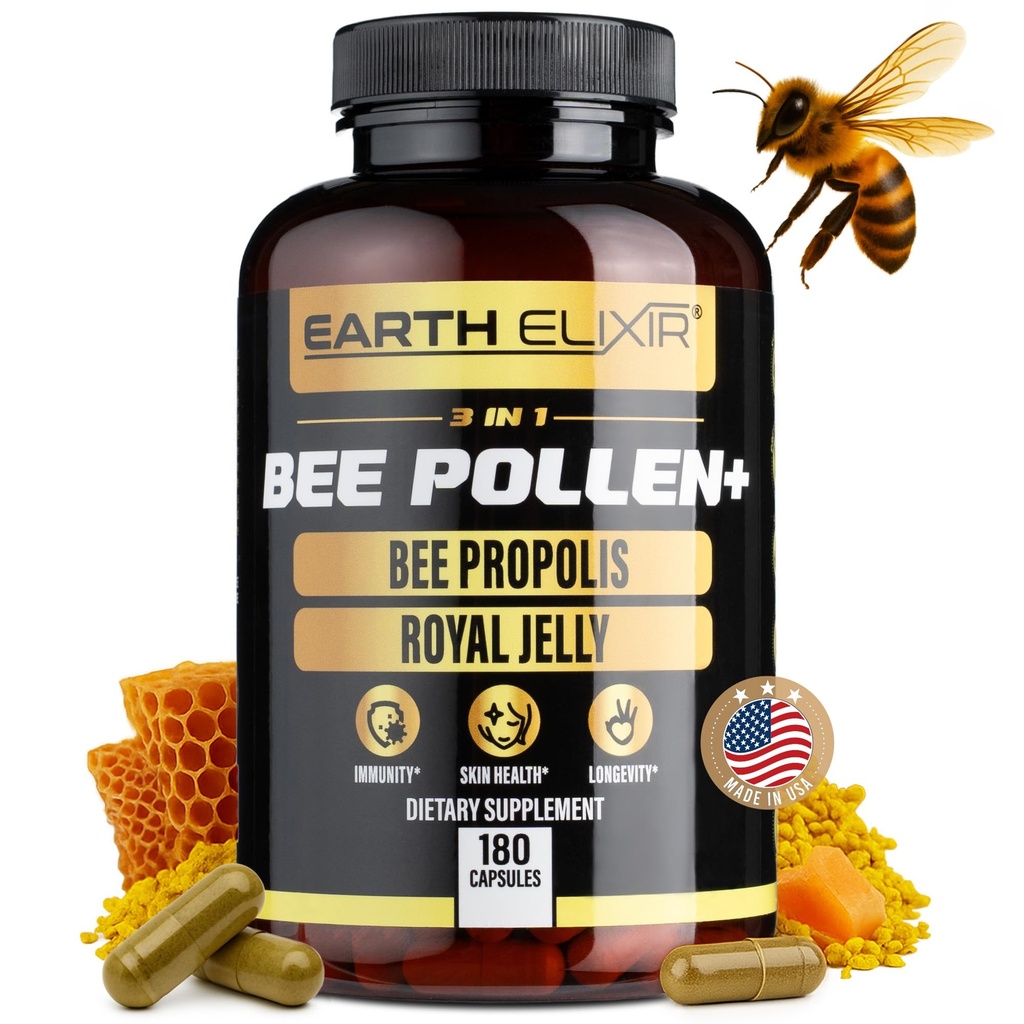 Earth Elixir 3-in-1 有机蜜蜂波伦卡普勒 – 非GMO,纯Raw Bee波伦,皇家Jelly,Propolis Extraction for Women & Men – Natural Energy, Immune & Virtuality Supports – 180 Propolis Capsules (英语).