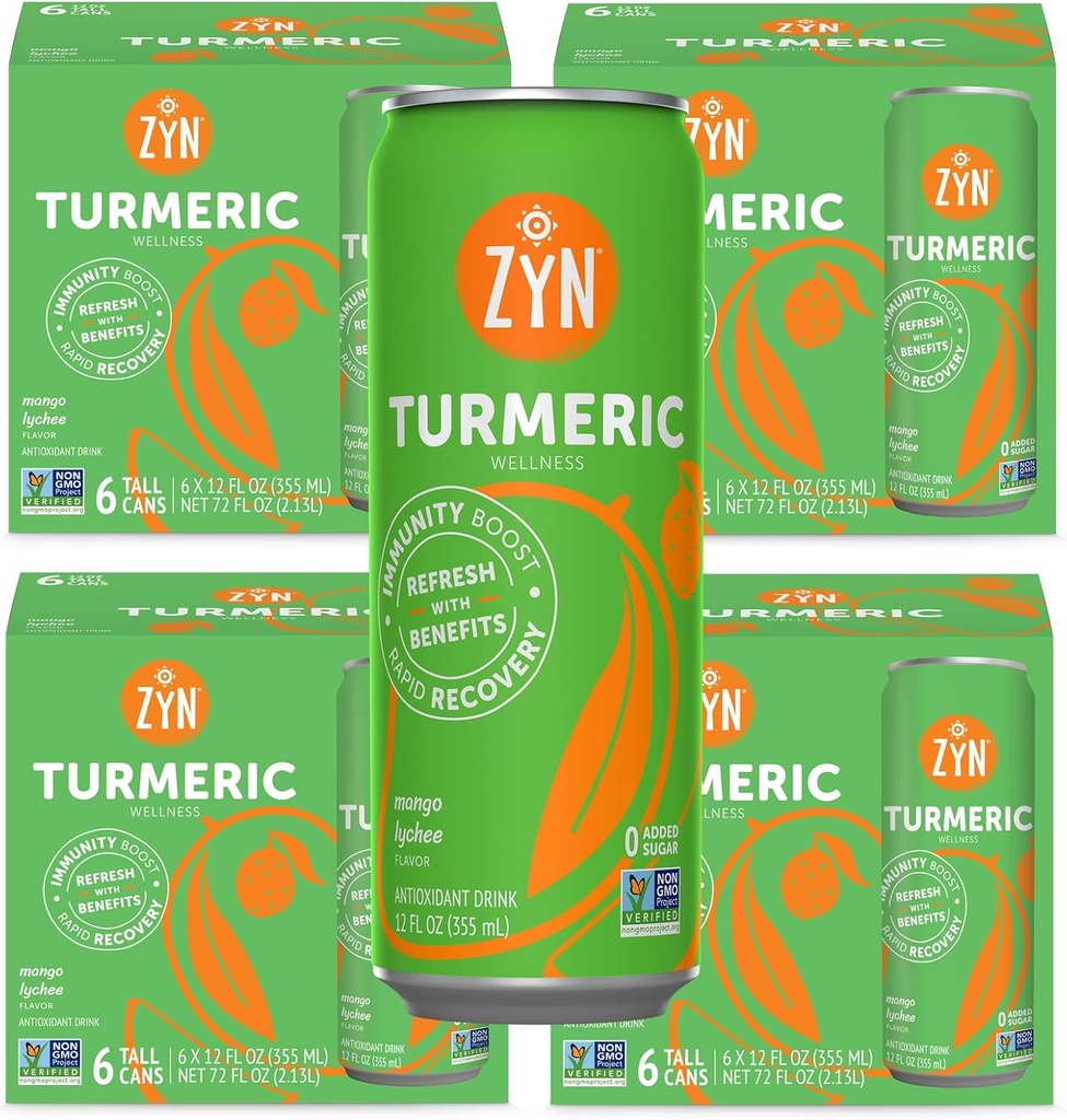 ZYN Turmeric Wellness 饮料(24 Pack),芒果Lychee Flawared Turmeric Crucumin 与黑辣椒饮料,无添加糖,低碳和低卡罗里饮料,清洁替代品