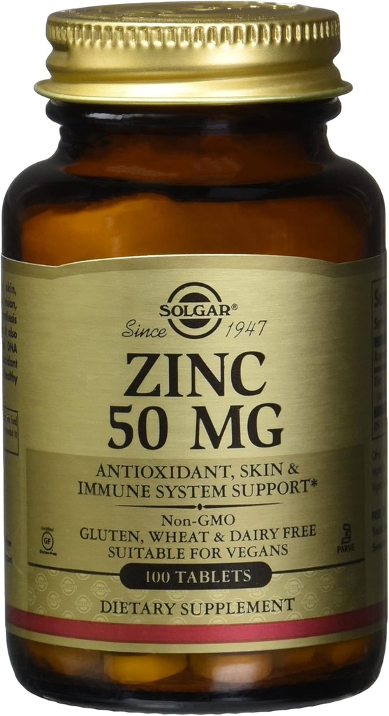 Solgar Zinc 50 Mg, 100 片 -- -- 健康皮肤、免疫系统和抗氧化剂支持的锌 -- -- 100名服务者,100名(12名)
