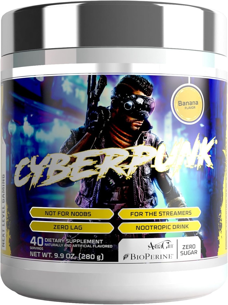 CYBERPUNK Gaming Powder 补充 能源与焦点 诺热带饮料 适应源公式 + 维生素和矿物 → 天然成份 → 40 服务(巴纳纳)