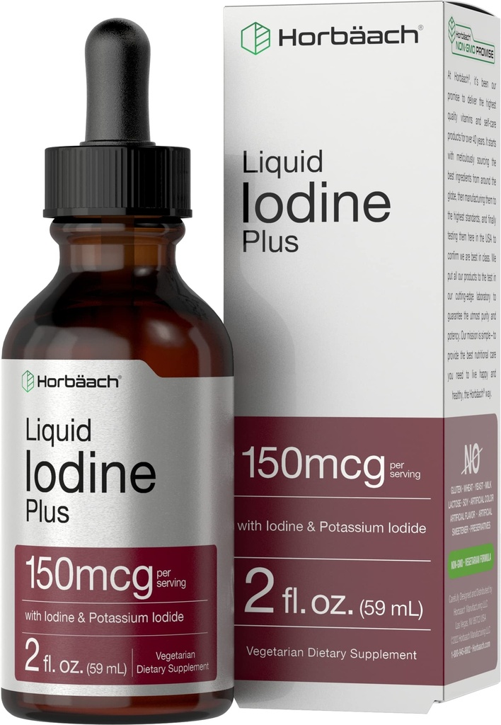 Horbäach碘液滴 | 2 fl oz | 150 mcg | 碘化钾液滴 |  Ve  Ve 植物,非GMO,Gluten免费补充剂