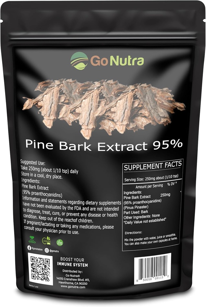 Go Nutra Pine Bark 提取粉末标准化95% Ponanthocyanidins Pine Bark 粉末锅炉补充8oz. 纯 Non-GMO Vegan.