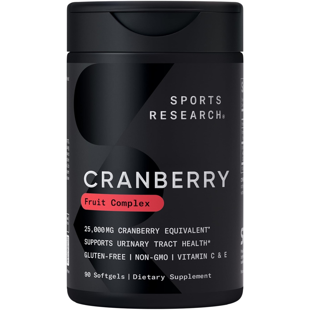 体育研究 Cranberry水果复合物补充剂 - 尿道切削健康支持软胶 - 等于25 000毫克的Cranberry,用Pacran & Vitamins C & E制造 - 非GMO & Gluten Free - 90个计数