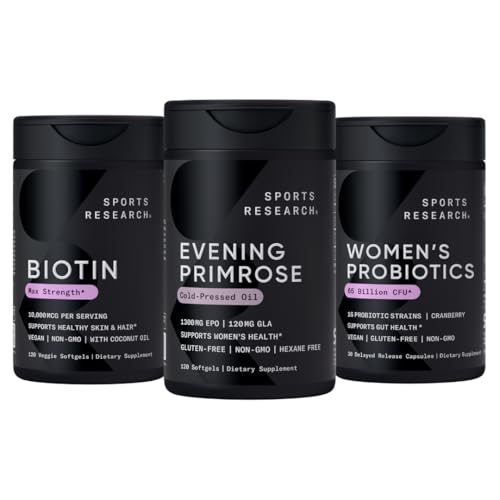 来自冷压油的体育研究晚报Primrose Supplement, Vegan Biotin 10,000mcg 与椰子油和女性先天生物素,65亿 CPU