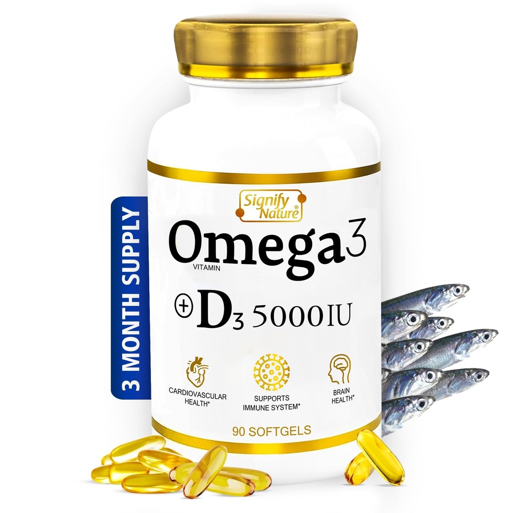 SIGNIFY NATURE Omega 3 鱼油补充剂,配有维生素D3 5000 IU - 1000mg Triglyceride Capsules 用于脑健康 - Omega3 EPA DHA + VIT D 3-90CT