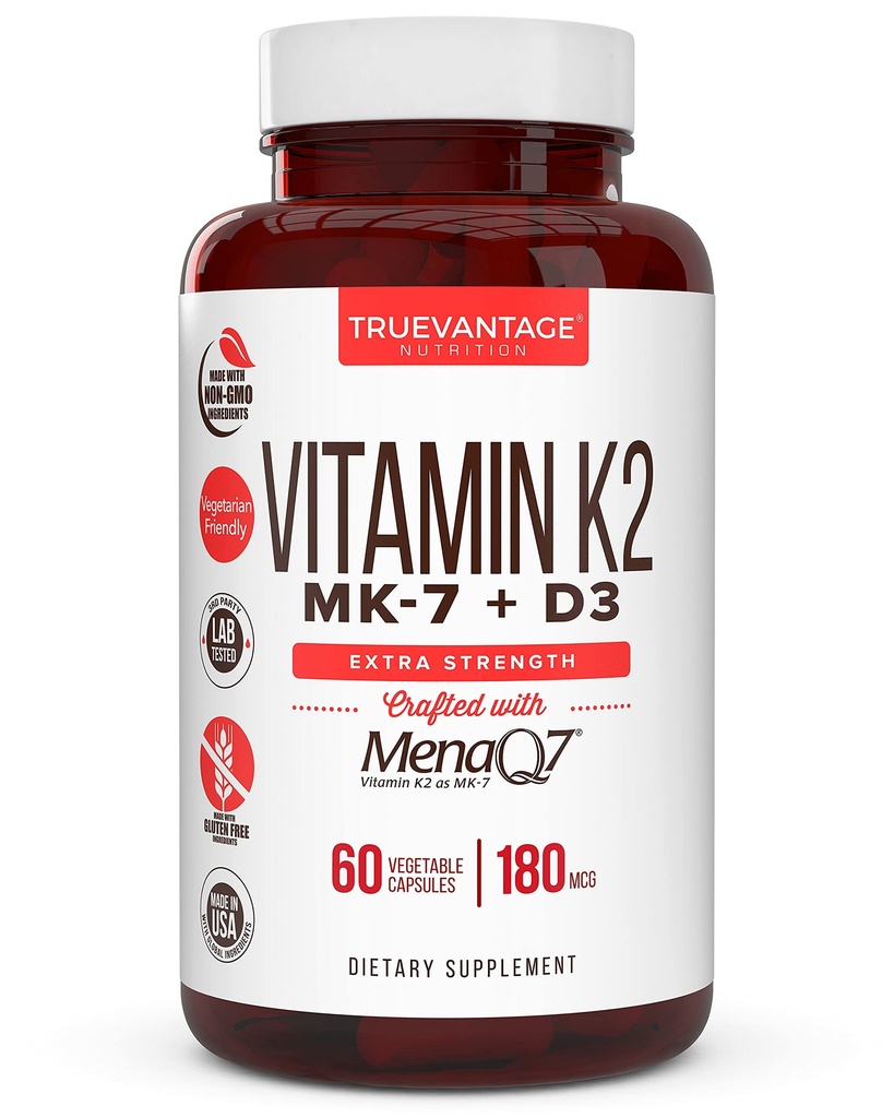 维生素 K2 D3 补充5000 IU D3 和180 mcg 维生素 k2 MK7 健康骨头,健康心脏和心血管健康补充 60 容易吞咽 MenaQ7 K2 MK7