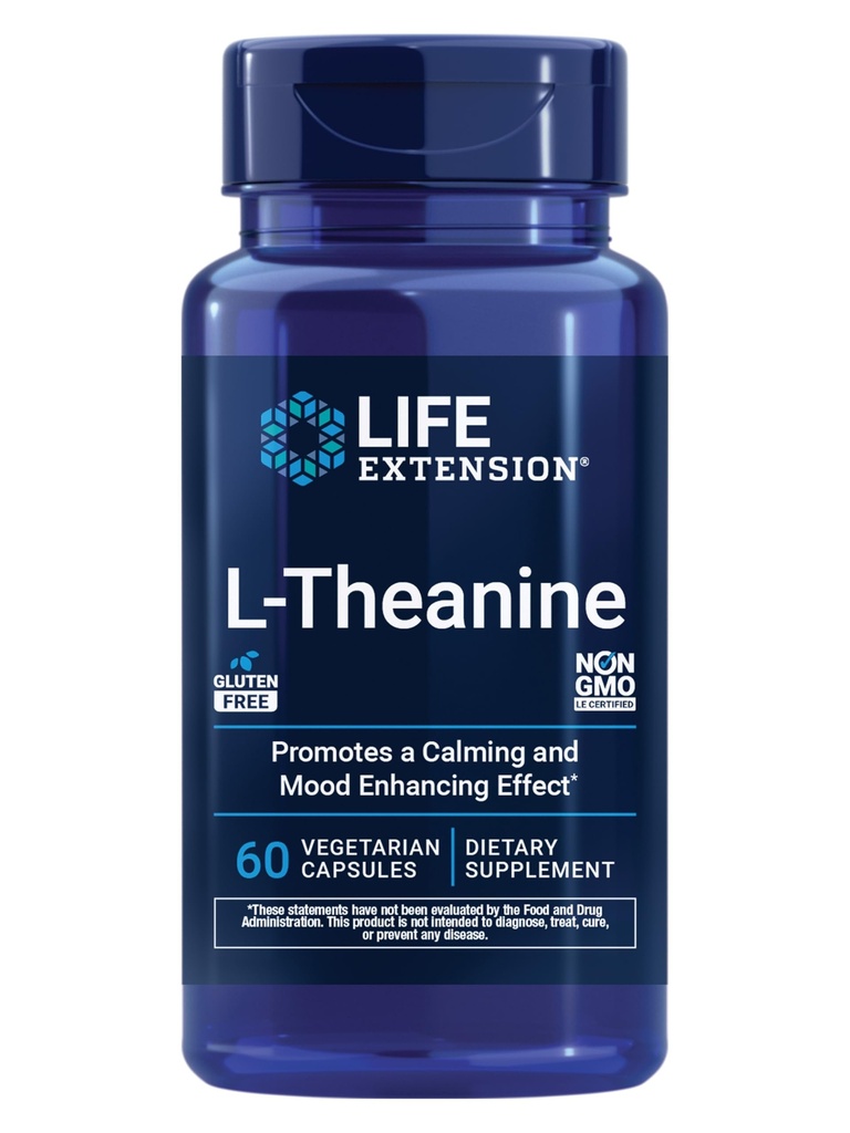 生命延展L-Theanine、氨基酸Theanine、平静、放松、Mood、Gluten-Free、非GMO、蔬菜、200毫克、60卡普勒