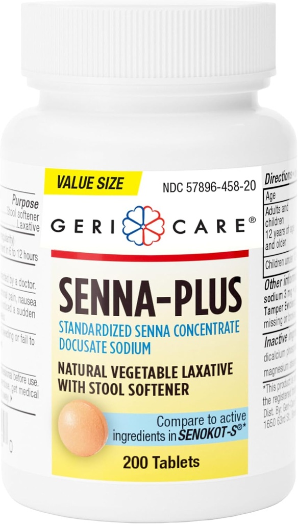 GeriCare Senna Plus 与Stool Sweather, Docusate Sodium 50mg, Sennosides 8.6mg, 200块平板电脑(一包)的天然氧化剂