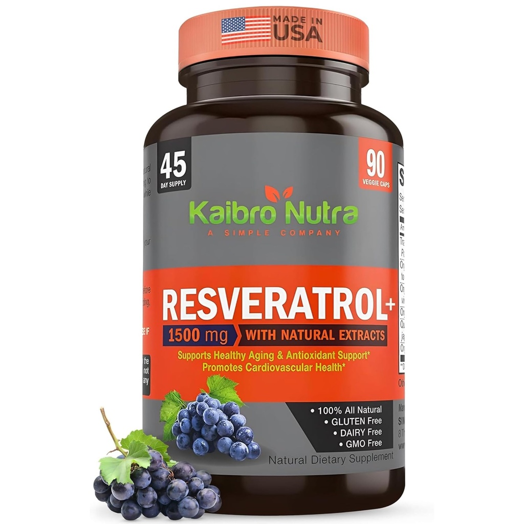 Kaebro Nutra Resveratrol 补编,1500mg Extra streng Trans Resveratrol, Quercetin 与日本 Knotweed 摘录, 抗衰老, Radiant 皮肤与豁免支持, Vegan & Non-GMO, 90 Capsules