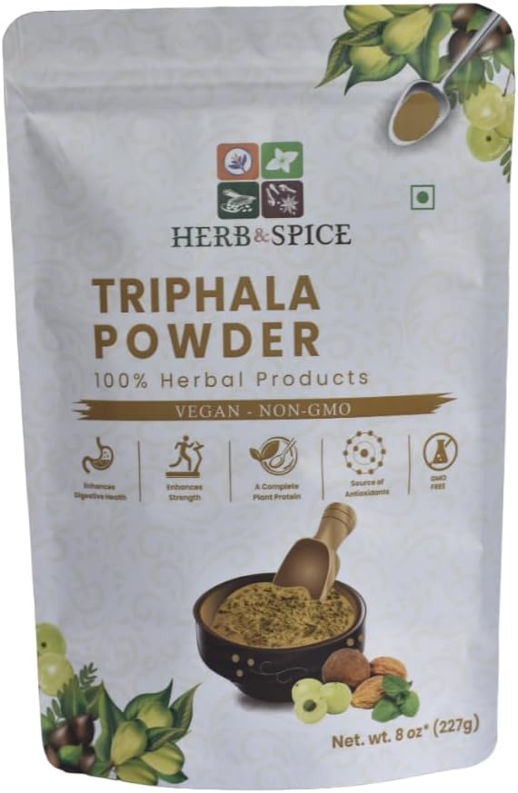 Triphala Powder 非转基因生物, Gluten Free, 100% Raw, 来源于印度, Amla草药配方, Haritaki, Bibhitaki, 包装于可逆的Zip Lock 邮袋(227 Gram)