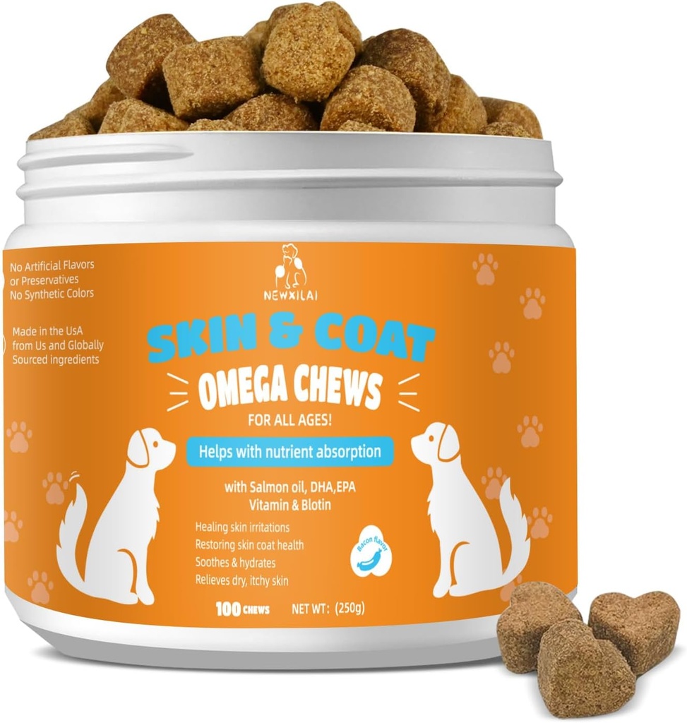 皮肤和大衣 嚼狗 - 痒皮狗补充 支持热点 舒适和谢丁过敏 与Omega 3鱼油,EPA & DHA脂肪酸,培根 Flavor 100 Count Softs treats