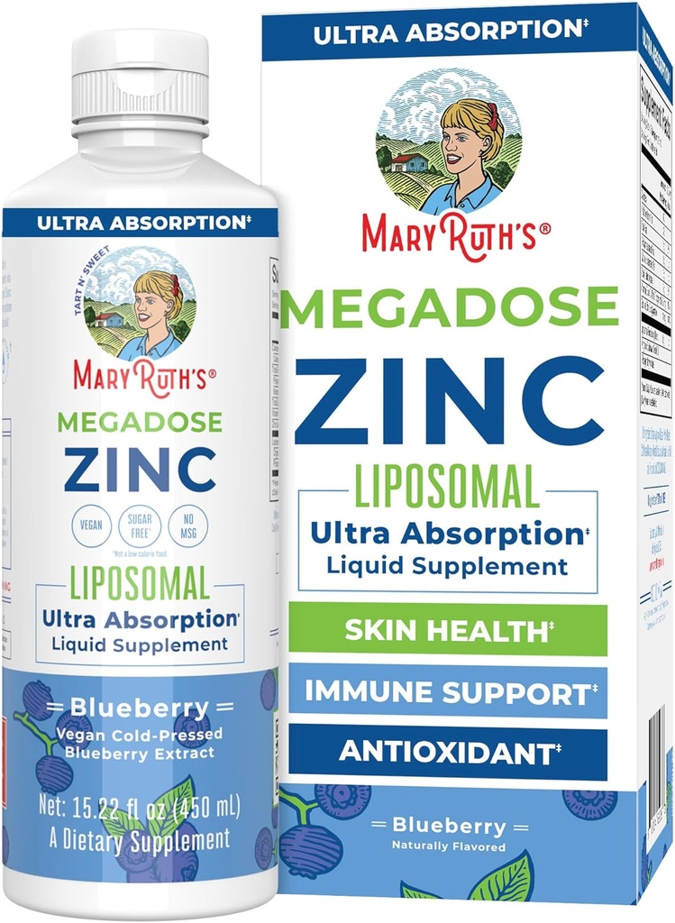 MaryRuth 有机体营养补充剂 | Liposomal 液体锌补充剂 维生素 E | 总体健康和皮肤护理 | 蓝莓 | Vegan, Non-GMO, Gluten Free, no Sugar Added | 15.22 Fl Oz