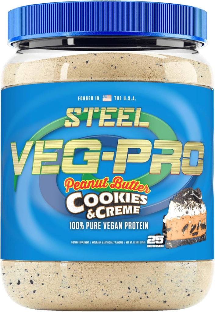 钢质补充剂 Veg-PRO β Vegan蛋白粉,花生酱饼干和Creme → 25 services (1.93lbs) β Vegan蛋白粉,配有 BCAA 氨基酸 → 非乳制品 → 低碳配方