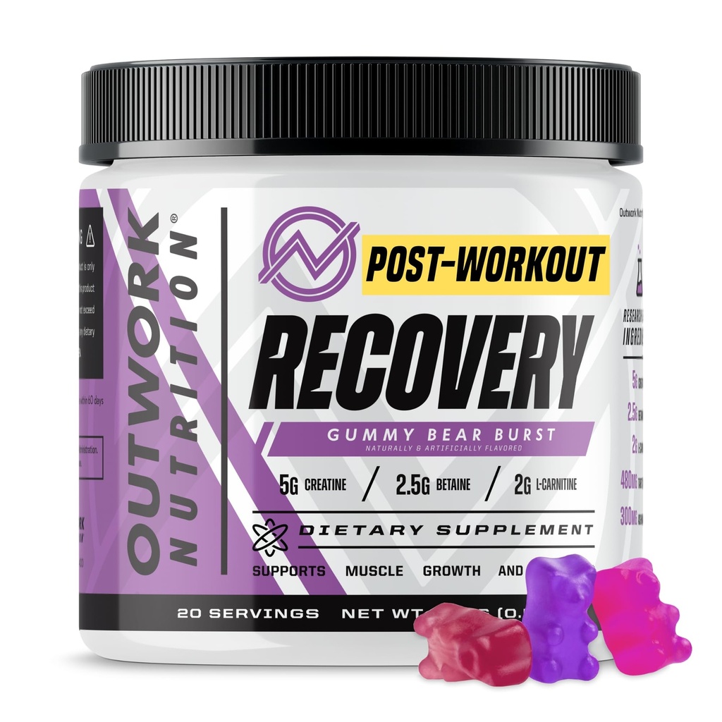外出营养 工作后恢复 粉末 - Creatine Monohydrate, KSM- 66 Ashwagandha & Tart Cherry - 加速恢复, 酶酸性 - Creatine Powder for Men & Women, Gummy Bear Burst, 230 Gr.