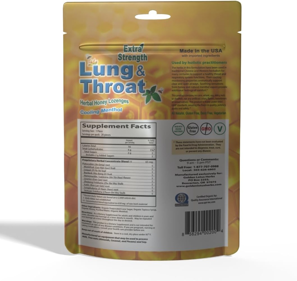 Lung & Throat Herbal Lozenges – QAI Certified Organic | Soothing Honey Mint Cough Drops – 6-Pack