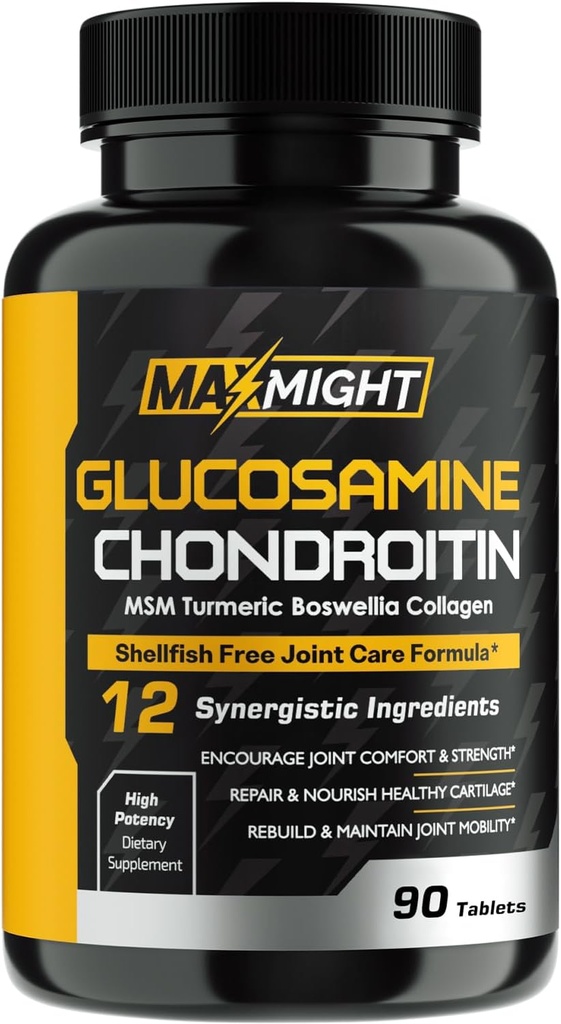 Glucosamine Chondroitin MSM Turmeric, Boswellia, 12 in-1, 联合慰藉, 流动性, 润滑剂和男性和老年人力量, 90 Tab, 无壳鱼