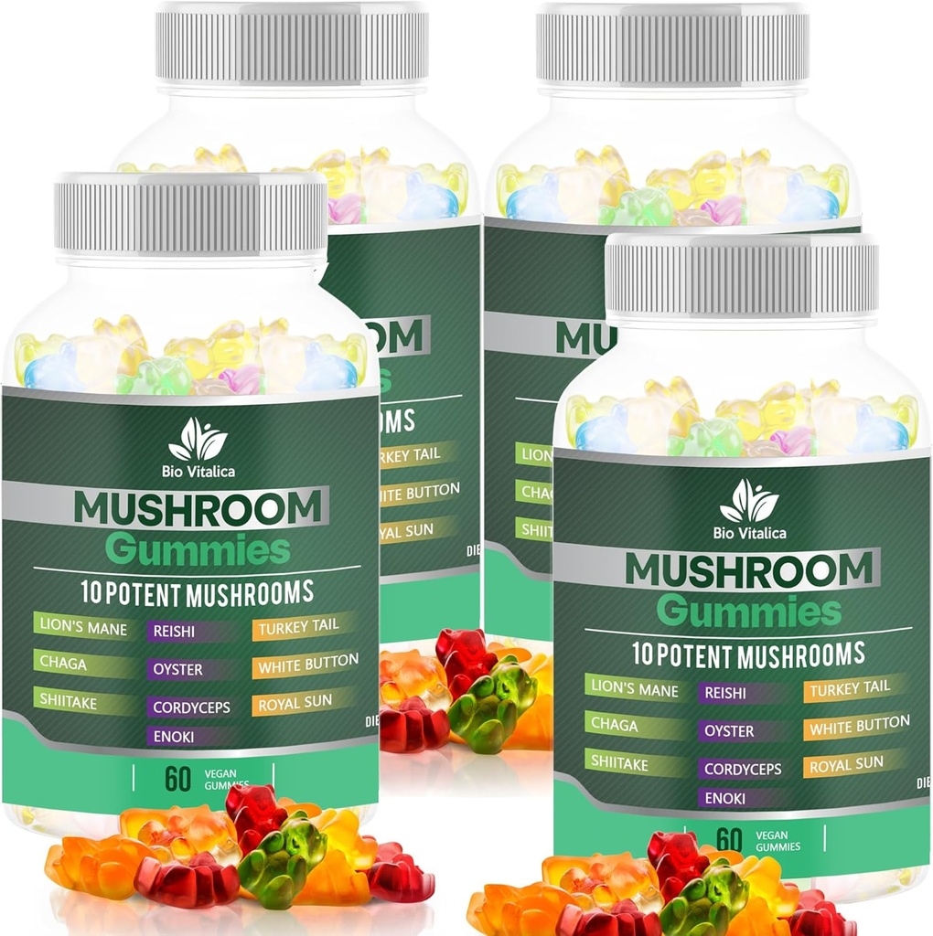 BIO VITALICA 蘑菇Gummys – 10个蘑菇综合体,配有狮子马内,雷希,恰加,科迪塞普斯等 – 水果 Vegen Gummys – 非GMO,Gluten-Free,植物型 – 4包