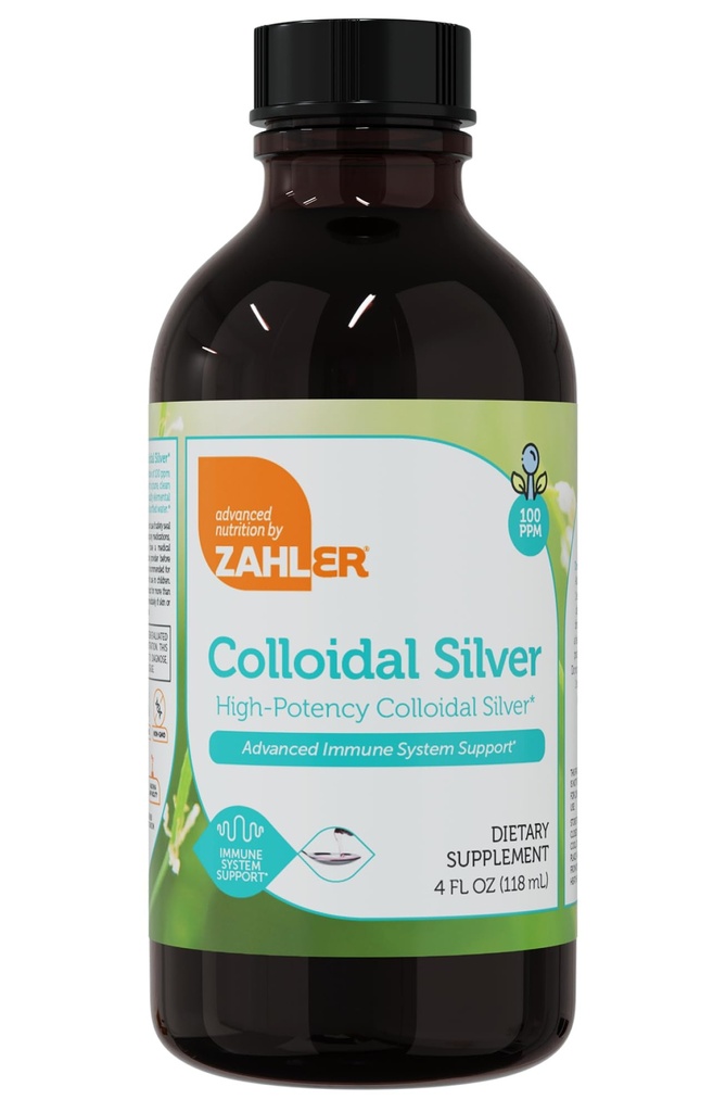 Zahler Colloidal Silver Liquid - 高级免疫支持和一般健康 - 100 PPM Bio-Active Silver Colloidal Liquid - Kosher Vegetarian 非GMO结构化的 Colloidal Silver Water (4 fl oz) 生物活性液体 Colloid Liquid - Kosher Vegetarian N.