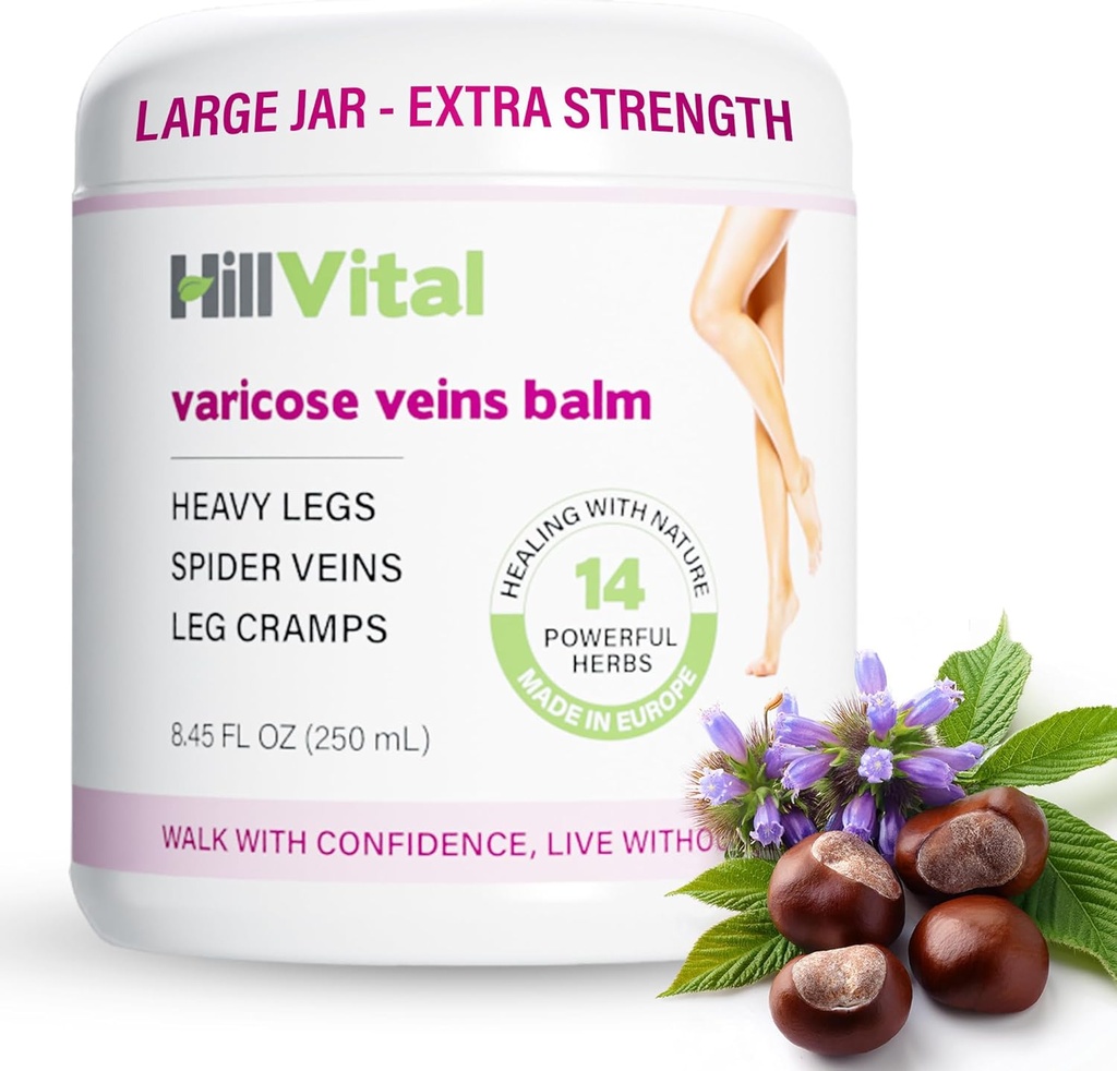 HillVital Varicose Veins对腿的治疗,天然Varicose Vein Cream和蜘蛛Vein对腿和其他身体部位的治疗,Premium Horse Chestnut Cream对Puffed Veins的治疗,注入14种草药