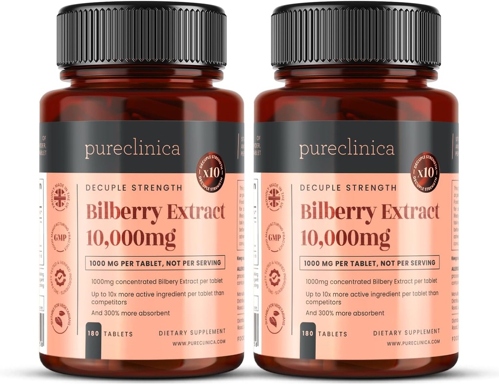 Pureclinica Bilberry 抽取 10,000 mg x 360 片(2瓶) - 10 X 与大多数其他药片相比,每片Anthocyanidins - 5 mg Black Pepper 抽取 300% 增加吸收