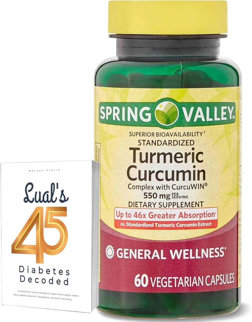 Spring Valley Turmeric Crucumin 补充药盒,配有 Lual 的 45 个糖尿病解码器 QQ 复合药盒,配有 CurcuWin QQ 饮食补充药 550 mg, 60 capsules