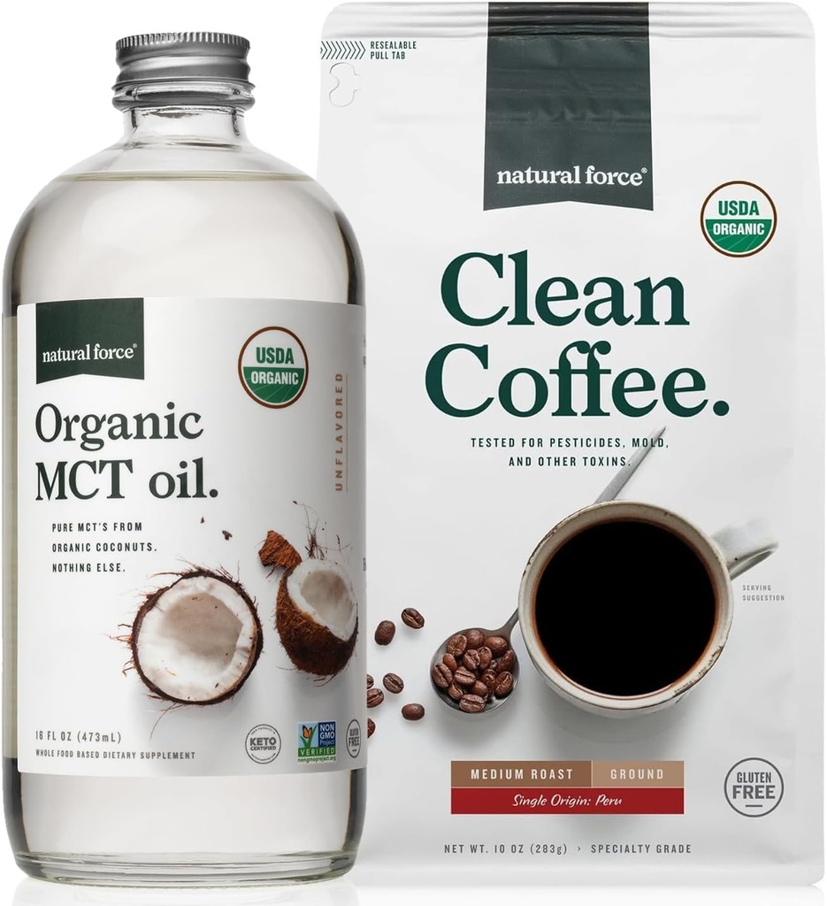 自然力量 有机地面清洁咖啡 + 有机MCT Oil Bundle – 100%纯椰子 MCTs & Mold & Mycotoxin Free Coffee – 非GMO, Keto, Paleo, 和 Vegan – 10 Oz Bag 和 16 Oz Glass瓶