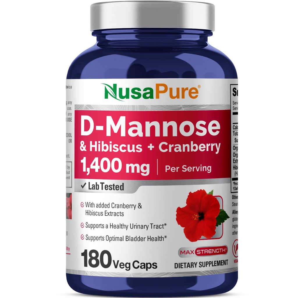 NusaPure D-Mannose Complex 1400 mg(带有Hibiscus和Cranberry) - 180 Veggie Caps.