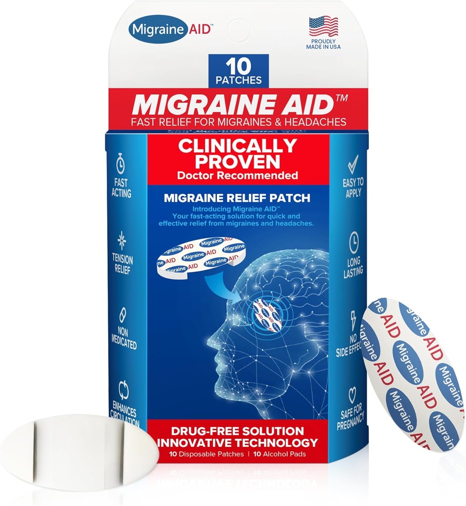 Migraine AID Migraine Relief Patches - 快速代理,对头部张力的非药物支持,易应用头痛补丁,每天使用的安全性,10可处置的Migraine补丁,美国制造