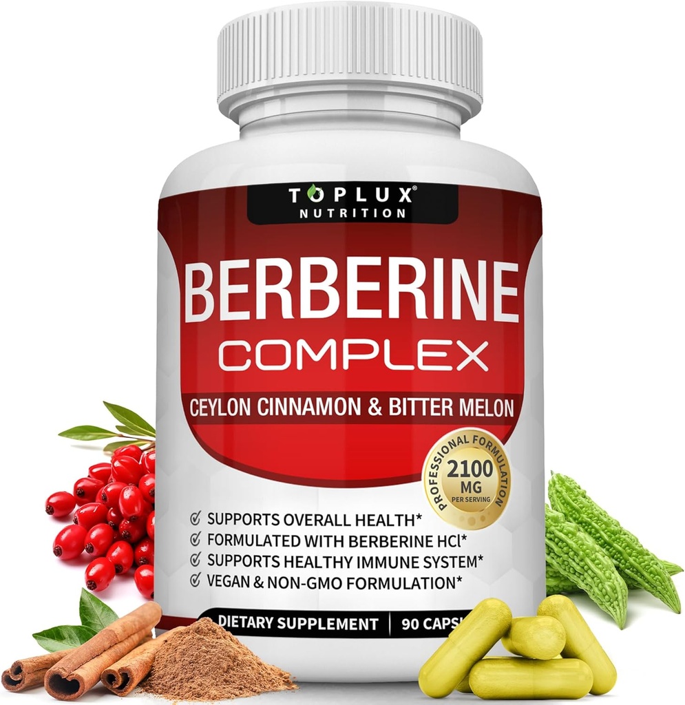 Toplux Berberine 配有锡兰桂和Bitter Melon 2100mg - 高纯度 97% HCL Berberine 补充品,支持整体健康和免疫系统,Non-GMO Vegan 90 Capsules