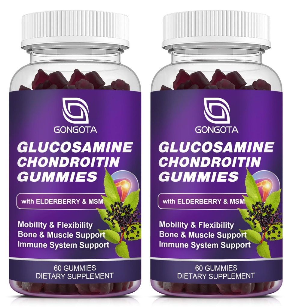 Glucosamine Chondroitin Gummys - 2-Pack,外加1500mg Glucosamine 配有MSM和长老莓,灵活性支持,最佳Cartilag & Immune 支持男女补充 - 120份