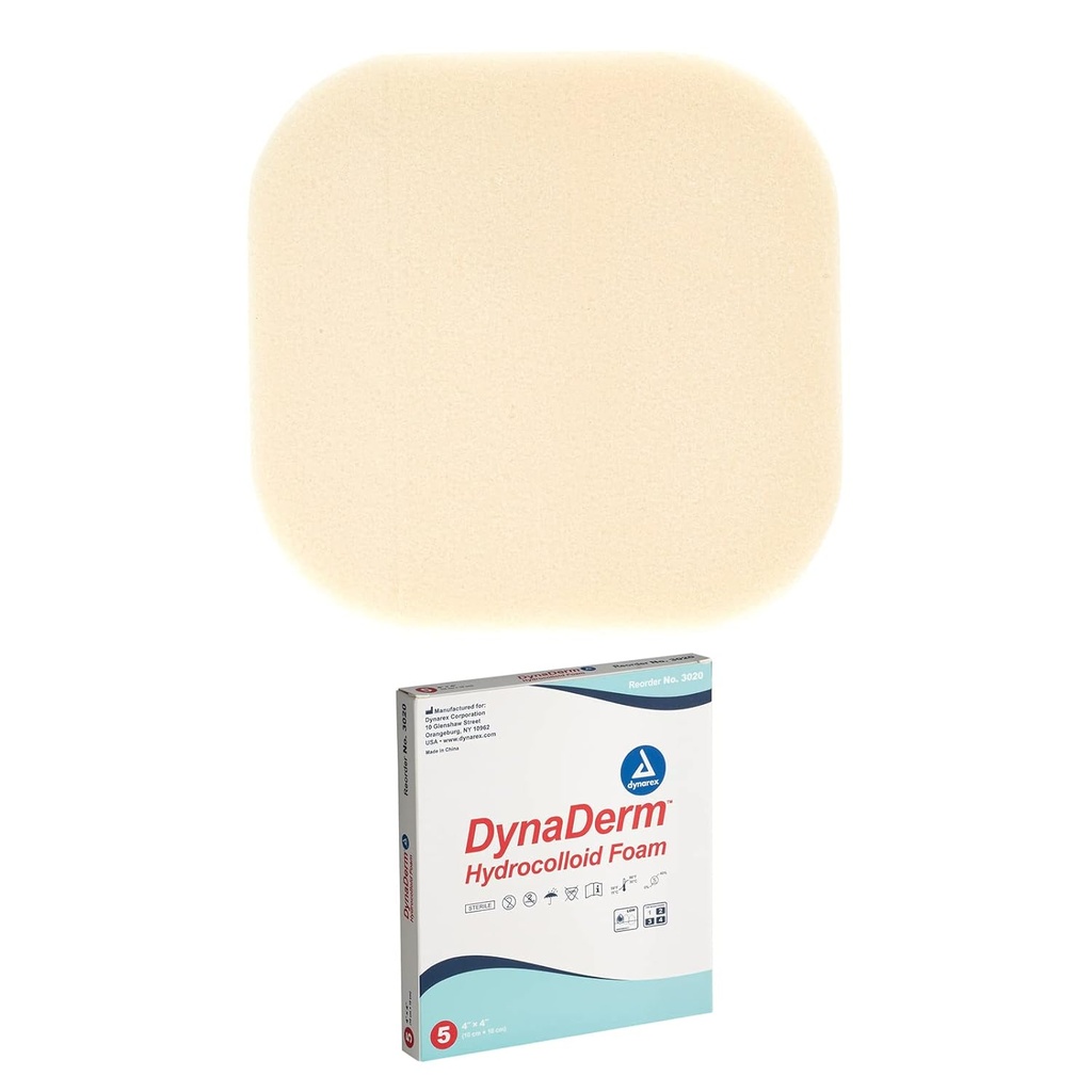 Dynarex DynaDerm Hydrocoloid Dressings,Sterile Moist Bandages for all Kinds of wounds, 4"×4),泡沫和Latex-Free, Peel-Down Patches - 1盒5件服装