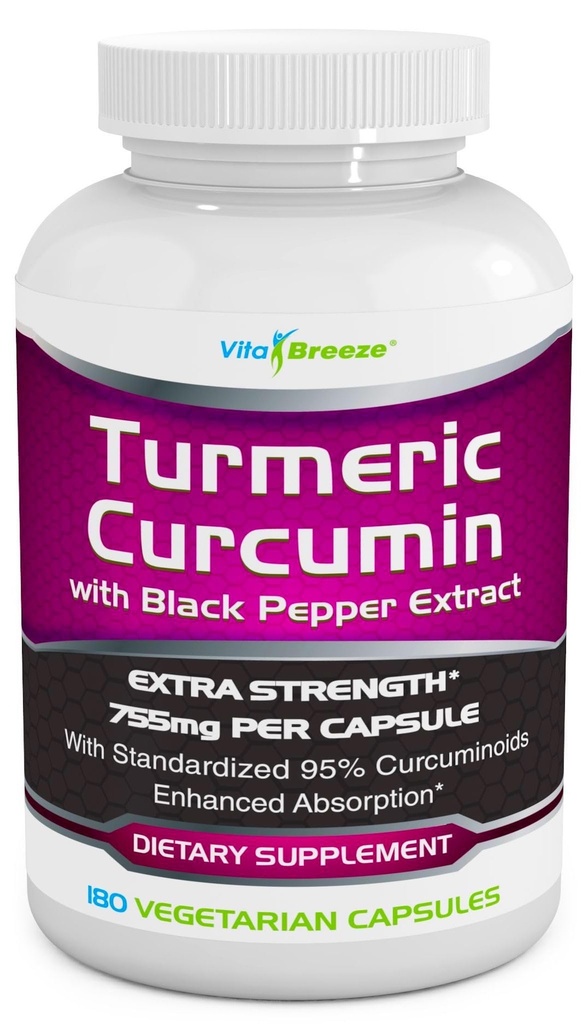 含有黑色胡椒萃取物的Turmeric Crucumin 复合物 - 每卡普尔755mg, 180 Veg. Caps - 含有管道(用于高级吸收和Tummer Bio-vailable)和95%的标准化的Crucuinoids