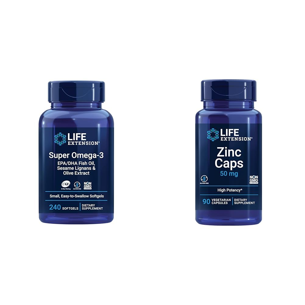 生命延长 Super Omega-3 EPA/DHA 鱼油,芝麻 利格南和橄榄 提取 - Omega 3 补充与锌 Caps,锌 50 mg,锌 Citrate,支持身体的免疫防御